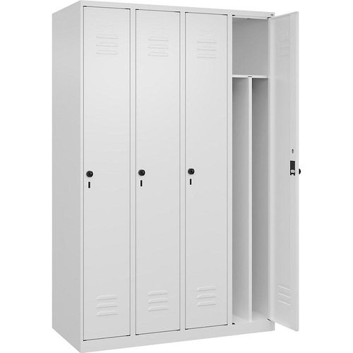 4067521330241 - Schwarz-Weiß-Spind Classic PLUS schmal 4 Abteile Trennwand verkürzt verkehrsweiß B 1200 mm mit Bodengleitern Drehriegel Trennwand mittig C+P