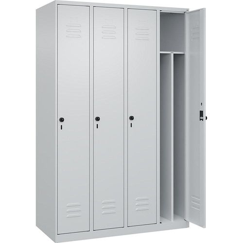 4067521330562 - Schwarz-Weiß-Spind Classic PLUS schmal 4 Abteile Trennwand verkürzt lichtgrau B 1200 mm mit Bodengleitern Drehriegel Trennwand mittig C+P 4067521330562 - Schwarz-Weiß-Spind Classic PLUS schmal 4 Abteile Trennwand verkürzt lichtgrau B 1200 mm mit Bodengleitern Drehriegel Trennwand mittig C+P