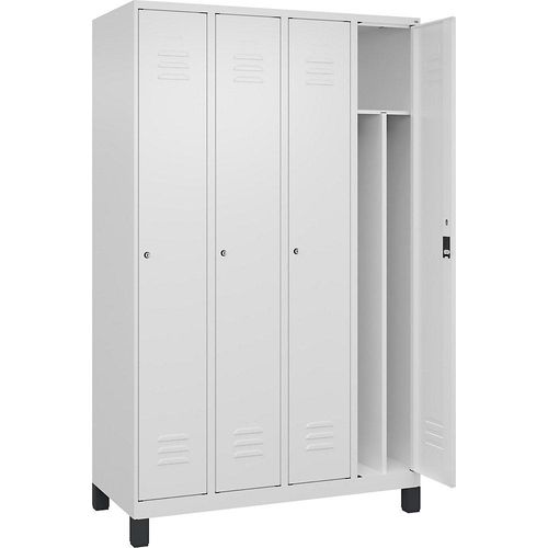 4066681614543 - Schwarz-Weiß-Spind Classic PLUS schmal 4 Abteile Trennwand verkürzt verkehrsweiß B 1200 mm mit Füßen Zylinderschloss Trennwand mittig