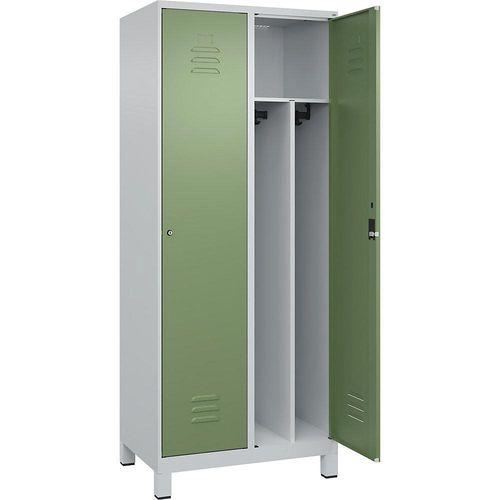 4066681689343 - Schwarz-Weiß-Spind Classic PLUS schmal 2 Abteile Trennwand verkürzt lichtgrau   resedagrün B 800 mm mit Füßen Zylinderschloss Trennwand mittig C+P