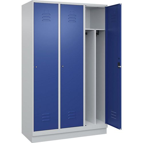 4066681655973 - Schwarz-Weiß-Spind Classic PLUS schmal 3 Abteile Trennwand verkürzt lichtgrau   enzianblau B 1200 mm mit Bodensockel Zylinderschloss Trennwand mittig C+P