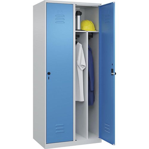 4067521328873 - Schwarz-Weiß-Spind Classic PLUS schmal 2 Abteile Trennwand verkürzt lichtgrau   lichtblau B 800 mm mit Bodengleitern Drehriegel Trennwand mittig C+P