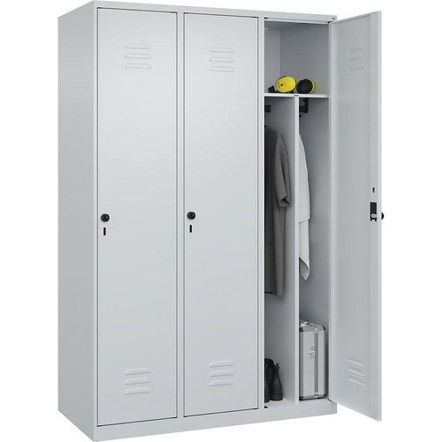 4067521328835 - Schwarz-Weiß-Spind Classic PLUS schmal 3 Abteile Trennwand verkürzt lichtgrau B 1200 mm mit Bodengleitern Drehriegel Trennwand mittig C+P 4067521328835 - Schwarz-Weiß-Spind Classic PLUS schmal 3 Abteile Trennwand verkürzt lichtgrau B 1200 mm mit Bodengleitern Drehriegel Trennwand mittig C+P