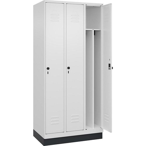 4066681655331 - Schwarz-Weiß-Spind Classic PLUS schmal 3 Abteile Trennwand verkürzt verkehrsweiß B 900 mm mit Bodensockel Drehriegel Trennwand mittig