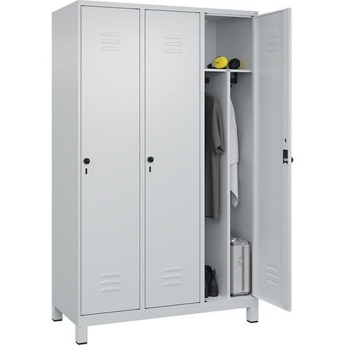 4066681689497 - Schwarz-Weiß-Spind Classic PLUS schmal 3 Abteile Trennwand verkürzt lichtgrau B 1200 mm mit Füßen Drehriegel Trennwand mittig C+P