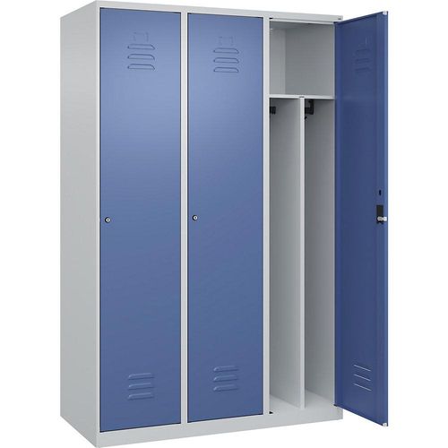 4067521329764 - Schwarz-Weiß-Spind Classic PLUS schmal 3 Abteile Trennwand verkürzt lichtgrau   fernblau B 1200 mm mit Bodengleitern Zylinderschloss Trennwand mittig C+P