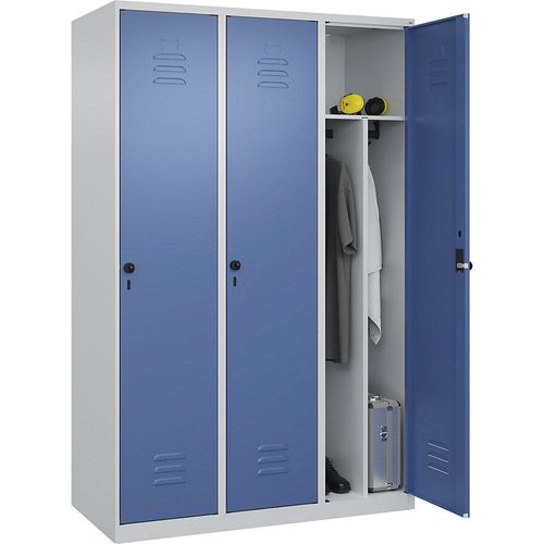 4067521328859 - Schwarz-Weiß-Spind Classic PLUS schmal 3 Abteile Trennwand verkürzt lichtgrau   fernblau B 1200 mm mit Bodengleitern Drehriegel Trennwand mittig C+P