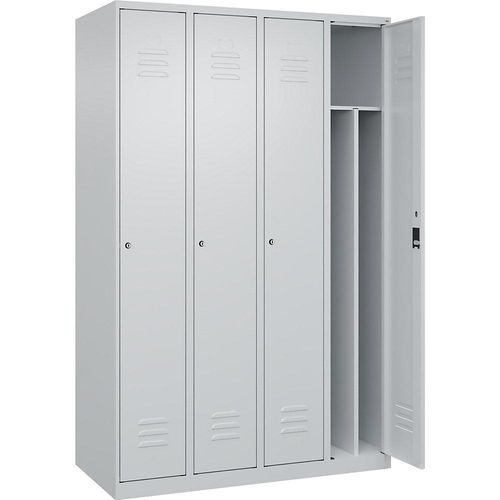 4067521330449 - Schwarz-Weiß-Spind Classic PLUS schmal 4 Abteile Trennwand verkürzt lichtgrau B 1200 mm mit Bodengleitern Zylinderschloss Trennwand mittig C+P 4067521330449 - Schwarz-Weiß-Spind Classic PLUS schmal 4 Abteile Trennwand verkürzt lichtgrau B 1200 mm mit Bodengleitern Zylinderschloss Trennwand mittig C+P