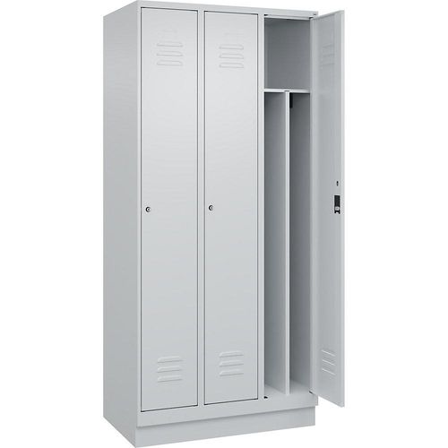 4066681655430 - Schwarz-Weiß-Spind Classic PLUS schmal 3 Abteile Trennwand verkürzt lichtgrau B 900 mm mit Bodensockel Zylinderschloss Trennwand mittig