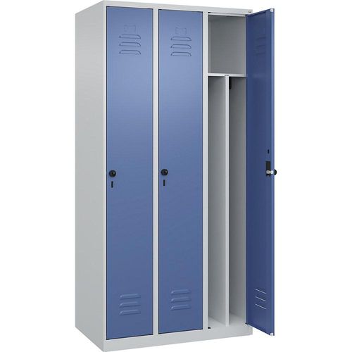 4067521329412 - Schwarz-Weiß-Spind Classic PLUS schmal 3 Abteile Trennwand verkürzt lichtgrau   fernblau B 900 mm mit Bodengleitern Drehriegel Trennwand mittig C+P