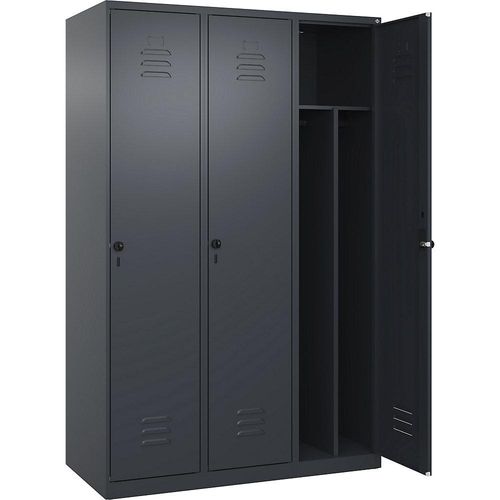 4067521330784 - Schwarz-Weiß-Spind Classic PLUS schmal 3 Abteile Trennwand verkürzt grau B 1200 mm mit Bodengleitern Drehriegel Trennwand mittig C+P