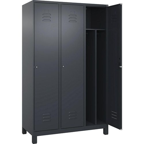 4066681650428 - Schwarz-Weiß-Spind Classic PLUS schmal 3 Abteile Trennwand verkürzt grau B 1200 mm mit Füßen Zylinderschloss Trennwand mittig C+P 4066681650428 - Schwarz-Weiß-Spind Classic PLUS schmal 3 Abteile Trennwand verkürzt grau B 1200 mm mit Füßen Zylinderschloss Trennwand mittig C+P