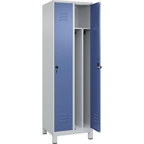 4066681611603 - Schwarz-Weiß-Spind Classic PLUS schmal 2 Abteile Trennwand verkürzt lichtgrau   fernblau B 600 mm mit Füßen Drehriegel Trennwand mittig C+P