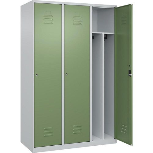4067521330753 - Schwarz-Weiß-Spind Classic PLUS schmal 3 Abteile Trennwand verkürzt lichtgrau   resedagrün B 1200 mm mit Bodengleitern Zylinderschloss Trennwand mittig C+P