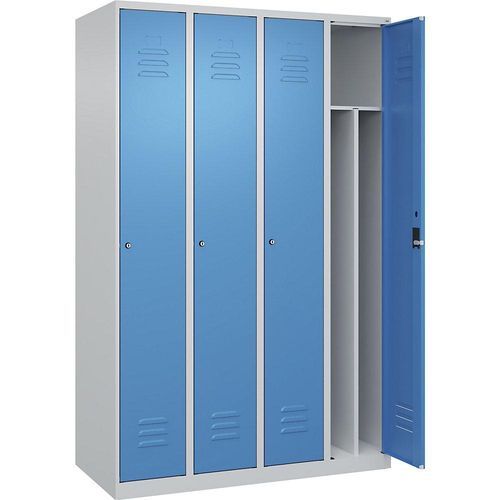 4067521329504 - Schwarz-Weiß-Spind Classic PLUS schmal 4 Abteile Trennwand verkürzt lichtgrau   lichtblau B 1200 mm mit Bodengleitern Zylinderschloss Trennwand mittig C+P