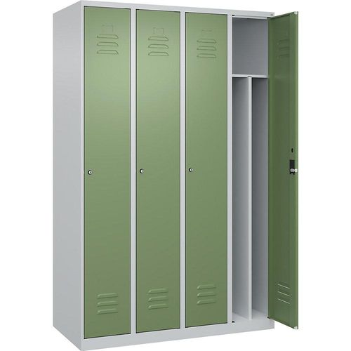 4067521330227 - Schwarz-Weiß-Spind Classic PLUS schmal 4 Abteile Trennwand verkürzt lichtgrau resedagrün B 1200 mm mit Bodengleitern Zylinderschloss Trennwand mittig C+P 4067521330227 - Schwarz-Weiß-Spind Classic PLUS schmal 4 Abteile Trennwand verkürzt lichtgrau resedagrün B 1200 mm mit Bodengleitern Zylinderschloss Trennwand mittig C+P