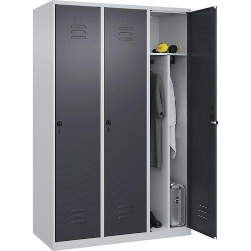 4067521328828 - Schwarz-Weiß-Spind Classic PLUS schmal 3 Abteile Trennwand verkürzt lichtgrau   grau B 1200 mm mit Bodengleitern Drehriegel Trennwand mittig C+P