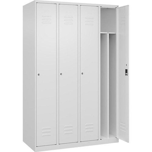 4067521329634 - Schwarz-Weiß-Spind Classic PLUS schmal 4 Abteile Trennwand verkürzt verkehrsweiß B 1200 mm mit Bodengleitern Zylinderschloss Trennwand mittig C+P