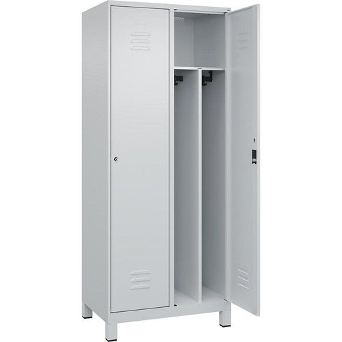 4066681689374 - Schwarz-Weiß-Spind Classic PLUS schmal 2 Abteile Trennwand verkürzt lichtgrau B 800 mm mit Füßen Zylinderschloss Trennwand mittig C+P