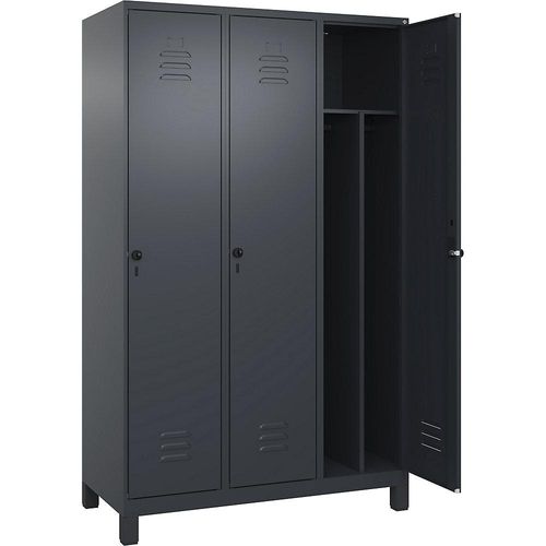 4066681650398 - Schwarz-Weiß-Spind Classic PLUS schmal 3 Abteile Trennwand verkürzt grau B 1200 mm mit Füßen Drehriegel Trennwand mittig C+P 4066681650398 - Schwarz-Weiß-Spind Classic PLUS schmal 3 Abteile Trennwand verkürzt grau B 1200 mm mit Füßen Drehriegel Trennwand mittig C+P