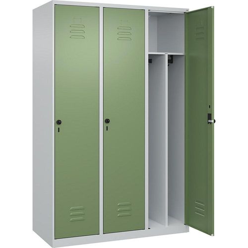 4067521329573 - Schwarz-Weiß-Spind Classic PLUS schmal 3 Abteile Trennwand verkürzt lichtgrau   resedagrün B 1200 mm mit Bodengleitern Drehriegel Trennwand mittig C+P