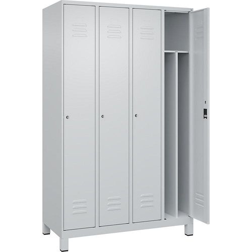 4066681614499 - Schwarz-Weiß-Spind Classic PLUS schmal 4 Abteile Trennwand verkürzt lichtgrau B 1200 mm mit Füßen Zylinderschloss Trennwand mittig C+P