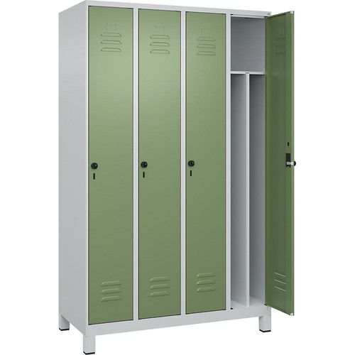 4066681614314 - Schwarz-Weiß-Spind Classic PLUS schmal 4 Abteile Trennwand verkürzt lichtgrau   resedagrün B 1200 mm mit Füßen Drehriegel Trennwand mittig C+P