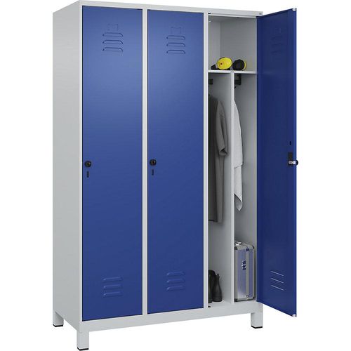 4066681689435 - Schwarz-Weiß-Spind Classic PLUS schmal 3 Abteile Trennwand verkürzt lichtgrau   enzianblau B 1200 mm mit Füßen Drehriegel Trennwand mittig C+P