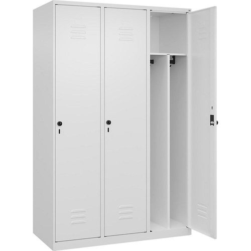 4067521329269 - Schwarz-Weiß-Spind Classic PLUS schmal 3 Abteile Trennwand verkürzt verkehrsweiß B 1200 mm mit Bodengleitern Drehriegel Trennwand mittig C+P