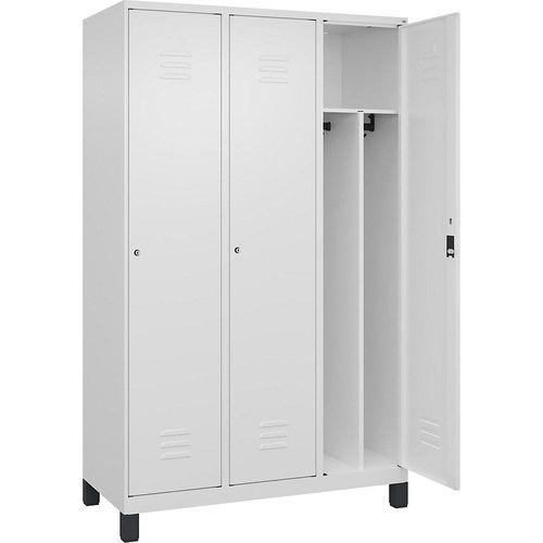 4066681650442 - Schwarz-Weiß-Spind Classic PLUS schmal 3 Abteile Trennwand verkürzt verkehrsweiß B 1200 mm mit Füßen Zylinderschloss Trennwand mittig 4066681650442 - Schwarz-Weiß-Spind Classic PLUS schmal 3 Abteile Trennwand verkürzt verkehrsweiß B 1200 mm mit Füßen Zylinderschloss Trennwand mittig