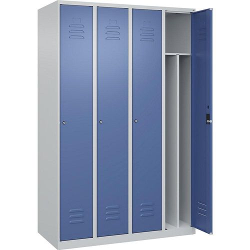 4067521328989 - Schwarz-Weiß-Spind Classic PLUS schmal 4 Abteile Trennwand verkürzt lichtgrau   fernblau B 1200 mm mit Bodengleitern Zylinderschloss Trennwand mittig C+P