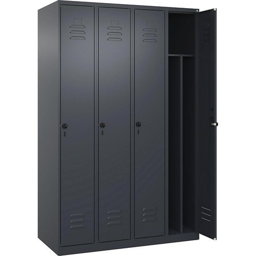 4067521329443 - Schwarz-Weiß-Spind Classic PLUS schmal 4 Abteile Trennwand verkürzt grau B 1200 mm mit Bodengleitern Drehriegel Trennwand mittig C+P