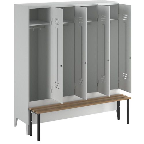 4250618231044 - Kleiderspind mit vorgebauter Bank Vollwand-Türen Abteilbreite 400 mm 4 Abteile lichtgrau