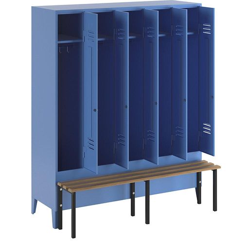 4250618231075 - Kleiderspind mit vorgebauter Bank Vollwand-Türen Abteilbreite 300 mm 5 Abteile lichtblau