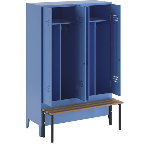 4250618230375 - Schwarz-Weiß-Spind Berlin 2 mit Sitzbank 2 Abteile lichtblau B 1200 mm vorgebaut Buchenholz Wolf