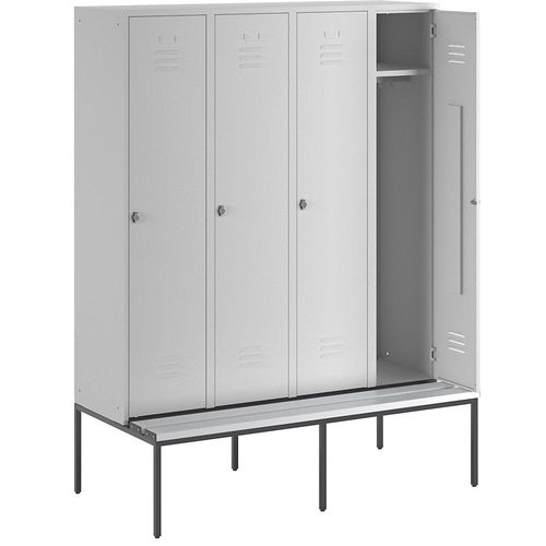 4250618232874 - Kleiderspind mit untergebauter Bank Vollwand-Türen Abteilbreite 400 mm 4 Abteile lichtgrau