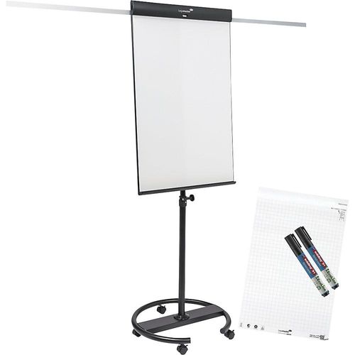 8713797111065 - Mobiles Flipchart Sketch Pro magnetische Tafel höhenverstellbar 2 Seitenarme Rundfuß inkl Starterset B 680 x H 1050 mm schwarz-weiß