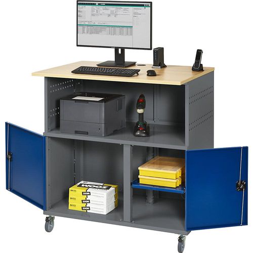 4040376818591 - PC-Tisch mit Mitteltrennwand mit Fahrsatz anthrazit-metallic   enzianblau RAL 5010 RAU