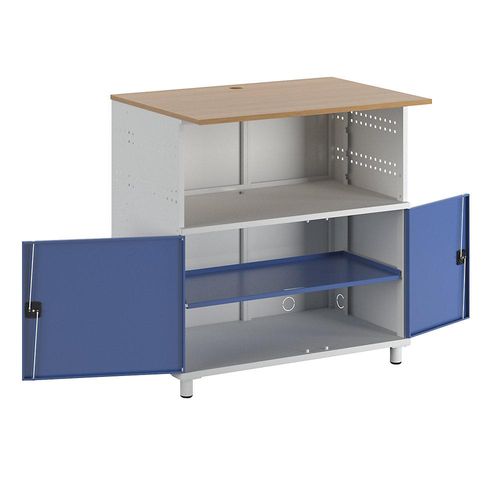 4040376812230 - PC-Tisch mit durchgehendem Fachboden lichtgrau RAL 7035   enzianblau RAL 5010 RAU