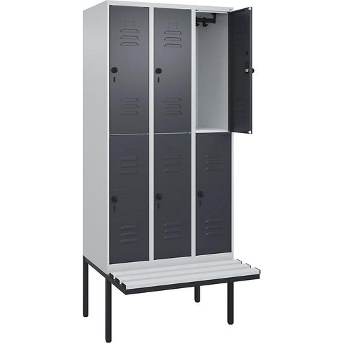4066681800885 - Doppelstock-Spind Classic PLUS Sitzbank 3 Abteile lichtgrau grau B 900 mm Sicherheits-Drehriegel auskragend Kunststoff C+P 4066681800885 - Doppelstock-Spind Classic PLUS Sitzbank 3 Abteile lichtgrau grau B 900 mm Sicherheits-Drehriegel auskragend Kunststoff C+P