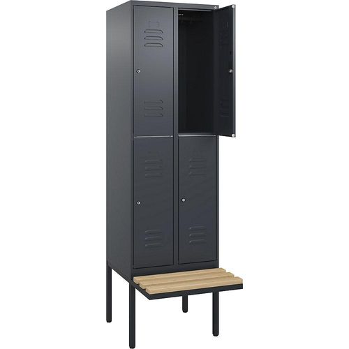 4066681798670 - Doppelstock-Spind Classic PLUS Sitzbank 2 Abteile grau B 600 mm Zylinderschloss auskragend Buche-Hartholz C+P