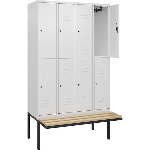 4066681802896 - Doppelstock-Spind Classic PLUS Sitzbank 4 Abteile verkehrsweiß B 1200 mm Zylinderschloss auskragend Buche-Hartholz C+P