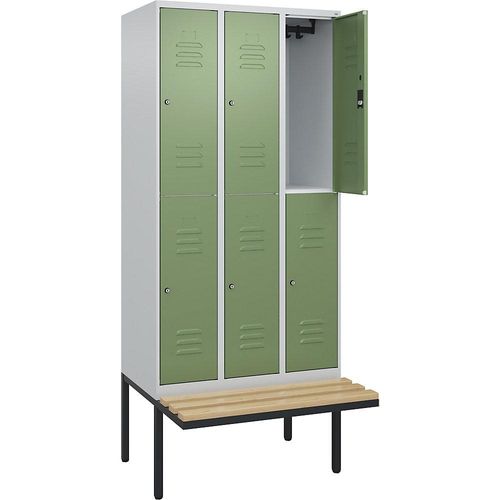 4066681800717 - Doppelstock-Spind Classic PLUS Sitzbank 3 Abteile lichtgrau resedagrün B 900 mm Zylinderschloss auskragend Buche-Hartholz C+P 4066681800717 - Doppelstock-Spind Classic PLUS Sitzbank 3 Abteile lichtgrau resedagrün B 900 mm Zylinderschloss auskragend Buche-Hartholz C+P