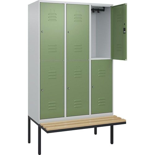 4066681801769 - Doppelstock-Spind Classic PLUS Sitzbank 3 Abteile lichtgrau   resedagrün B 1200 mm Zylinderschloss auskragend Buche-Hartholz C+P