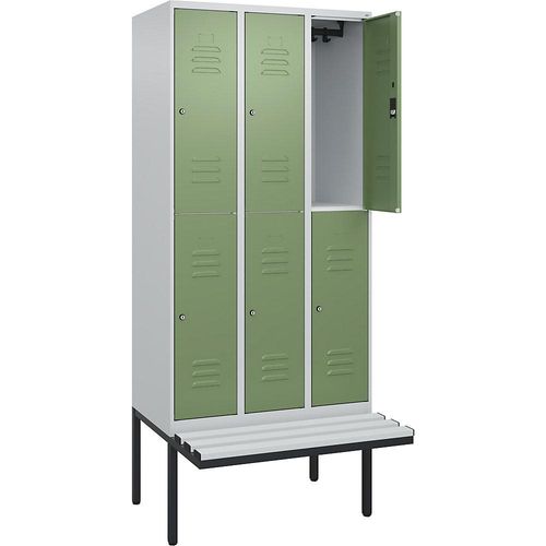4066681799967 - Doppelstock-Spind Classic PLUS Sitzbank 3 Abteile lichtgrau resedagrün B 900 mm Zylinderschloss auskragend Kunststoff C+P 4066681799967 - Doppelstock-Spind Classic PLUS Sitzbank 3 Abteile lichtgrau resedagrün B 900 mm Zylinderschloss auskragend Kunststoff C+P