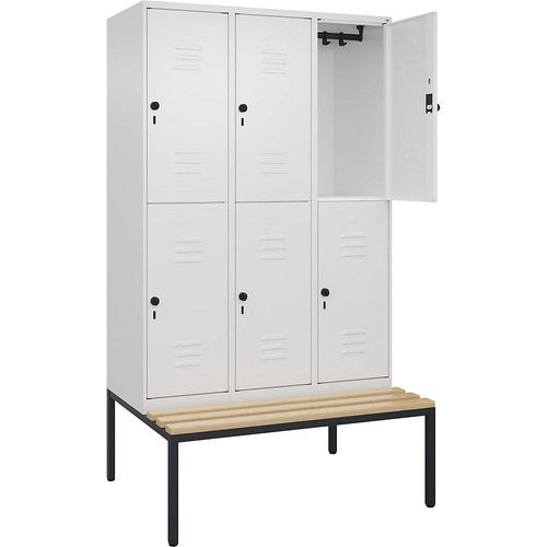 4066681749313 - Doppelstock-Spind Classic PLUS Sitzbank 3 Abteile verkehrsweiß B 1200 mm Sicherheits-Drehriegel untergebaut Buche-Hartholz C+P 4066681749313 - Doppelstock-Spind Classic PLUS Sitzbank 3 Abteile verkehrsweiß B 1200 mm Sicherheits-Drehriegel untergebaut Buche-Hartholz C+P
