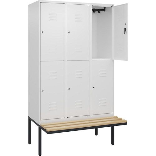 4066681801844 - Doppelstock-Spind Classic PLUS Sitzbank 3 Abteile verkehrsweiß B 1200 mm Zylinderschloss auskragend Buche-Hartholz C+P