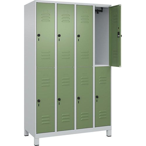 4066681623606 - Doppelstock-Spind Classic PLUS 4 Abteile lichtgrau   resedagrün HxB 1950 x 1200 mm mit Füßen Drehriegel C+P