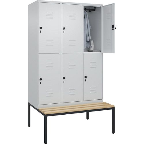 4066681749269 - Doppelstock-Spind Classic PLUS Sitzbank 3 Abteile lichtgrau B 1200 mm Sicherheits-Drehriegel untergebaut Buche-Hartholz C+P