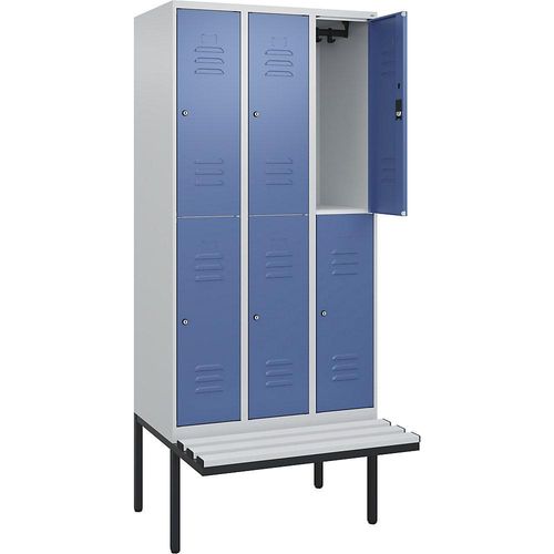 4066681799950 - Doppelstock-Spind Classic PLUS Sitzbank 3 Abteile lichtgrau   fernblau B 900 mm Zylinderschloss auskragend Kunststoff C+P